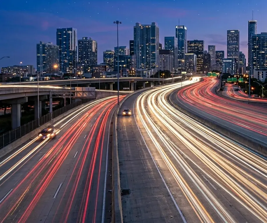 Long-exposure light trails of traffic flowing through a city at dusk